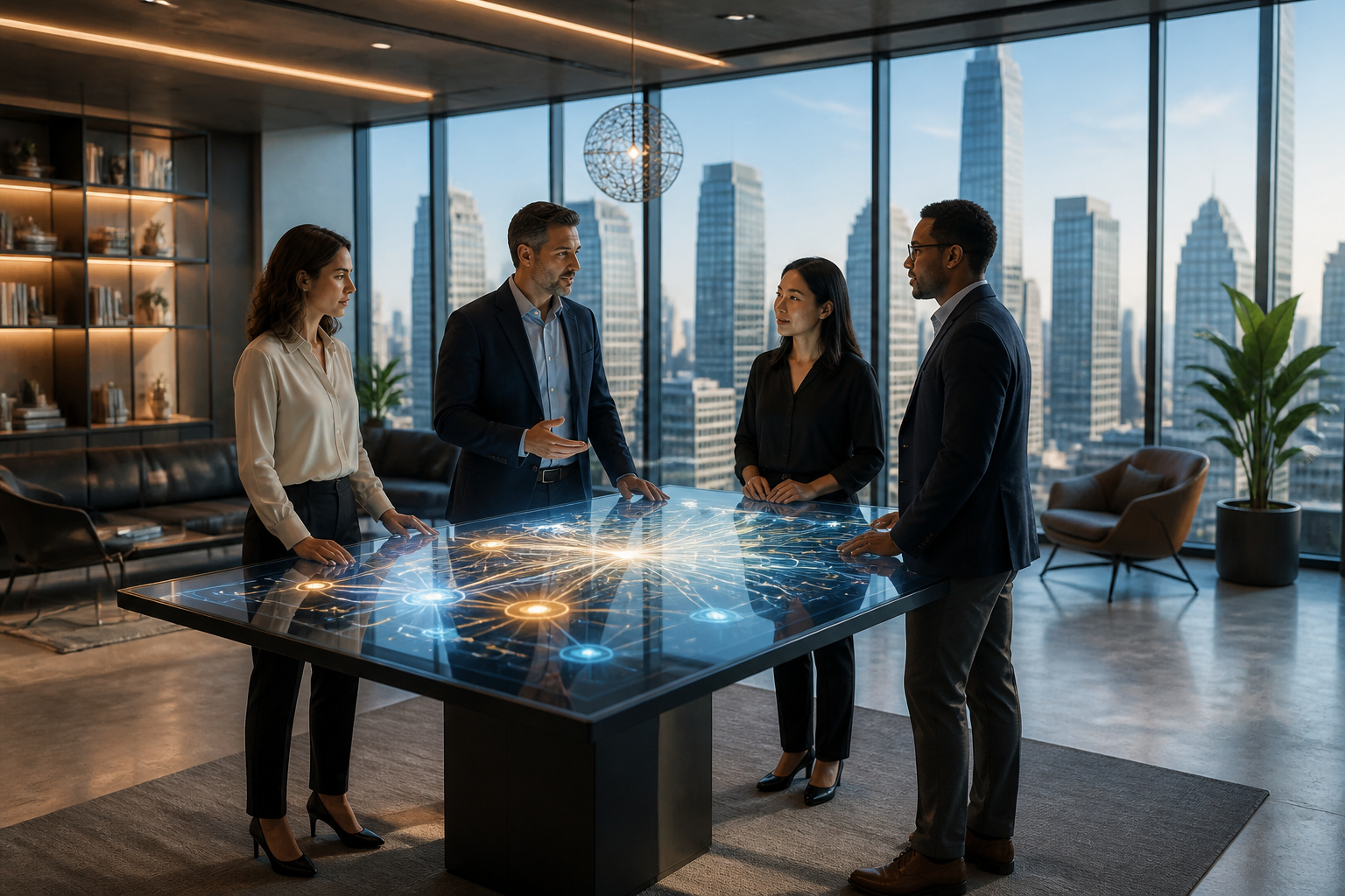 Equipe collaborant autour dun ecran holographique